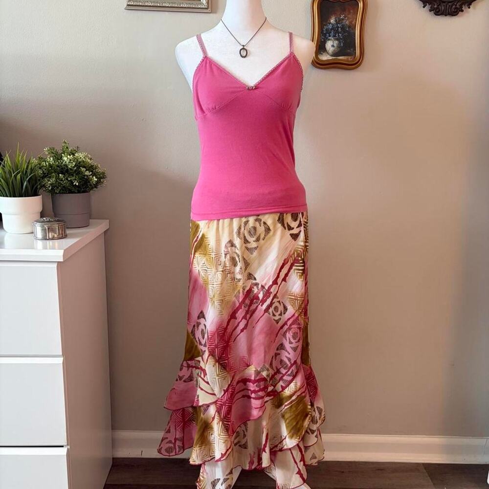 Vintage 2000s Y2K Ruffle Skirt - Pink & Olive Abstract Print (Large)